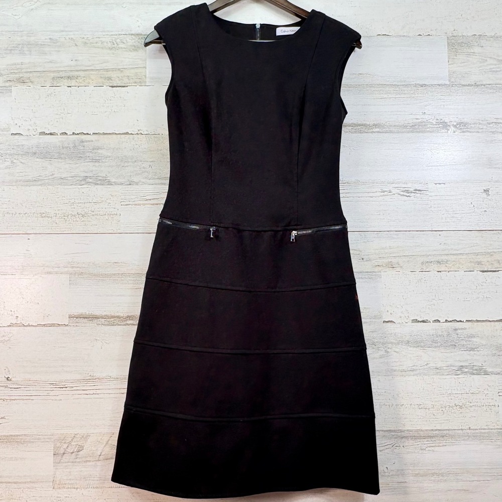 Calvin Klein Black Tiered Sheath Dress Sleeveless Zipper Pockets 2 LBD Mod